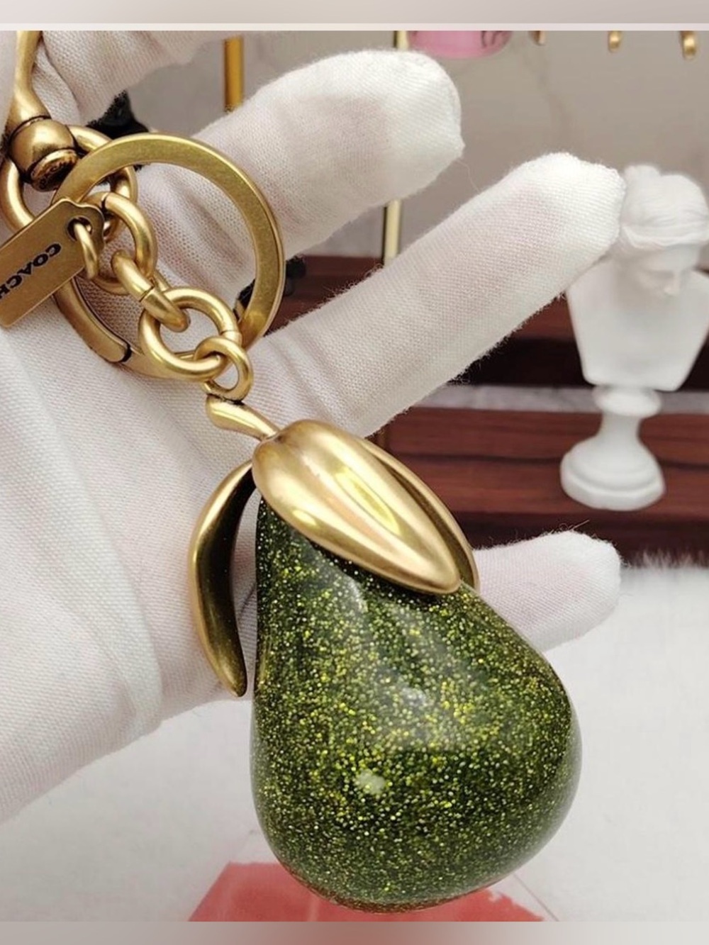 Coach Green Glitter Pear Keychain with Gold-Tone Hardware